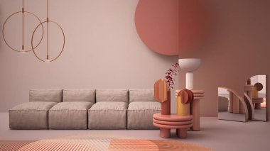 Pembe renkli çağdaş oturma odası, pastel renkler, kanepe, vazo, halı, sehpa, buzlu cam paneller, bakır kolye lambaları. İç tasarım atmosferi, mimari fikir