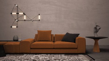 Beton duvarlı ve zeminli renkli oturma odası, büyük turuncu kanepeli salon, yan tablolar ve dekorlar, halı, duvar lambaları, fuar iç tasarım fikri