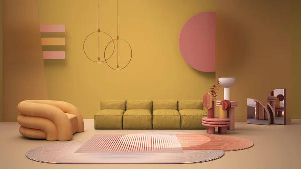 Amarelo colorido moderna sala de estar, cores pastel, sofá, poltrona, carpete, mesas de café, painéis de vidro fosco, lâmpadas de pingente de cobre. Ambiente de design de interiores, ideia de arquitetura — Fotografia de Stock