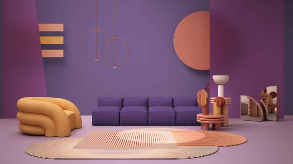 Фиолетовый цвет современной гостиной, пастельные цвета, диван, кресло, ковер, журнальные столики, глазированные стеклянные панели, медные кулонные лампы. Атмосфера интерьера, архитектура — стоковое фото