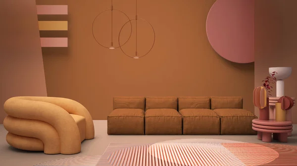 Современная гостиная оранжевого цвета, пастельные тона, диван, кресло, ковер, журнальные столики, глазированные стеклянные панели, медные кулонные лампы. Атмосфера интерьера, архитектура — стоковое фото