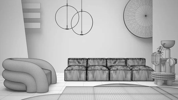 Unfinished project draft, contemporary living room, sofa, armchair, carpet, coffee tables and decors, frosted glass panels, pendant lamp. Interior design atmosphere, architecture idea — Stock Photo, Image