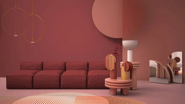 Sala de estar contemporânea de cor vermelha, cores pastel, sofá, vasos, tapete, mesas de café, painéis de vidro fosco, lâmpadas de pingente de cobre. Ambiente de design de interiores, ideia de arquitetura — Fotografia de Stock