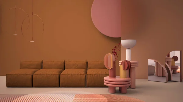 Narancs színű modern nappali, pasztell színek, kanapé, vázák, szőnyeg, dohányzóasztalok, mázas üveg panelek, réz medál lámpák. Belsőépítészet hangulat, építészet ötlet — Stock Fotó