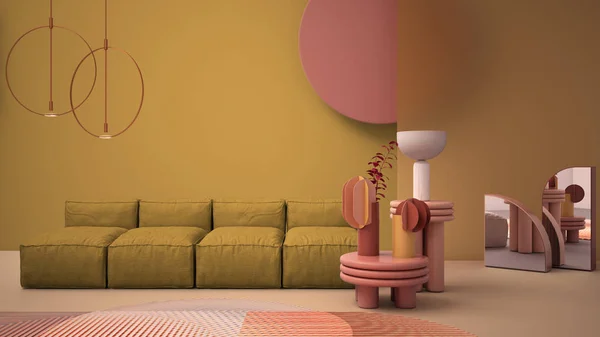 Amarelo colorido moderna sala de estar, cores pastel, sofá, vasos, carpete, mesas de café, painéis de vidro fosco, lâmpadas de pingente de cobre. Ambiente de design de interiores, ideia de arquitetura — Fotografia de Stock