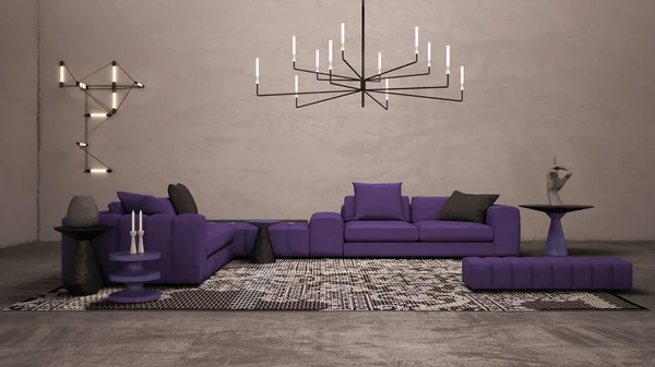 Colorful living room with concrete plaster wall and floor, lounge with large purple sofa, side tables and decors, carpet, wall and pendant lamps, expo interior design concept idea