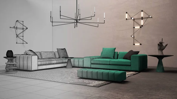 Architect interior designer concept: unfinished project that becomes real, living room with concrete plaster wall and floor, sofa, side tables, carpet, lamps, expo design concept idea