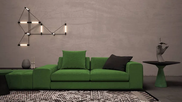 コンクリート石膏壁と床、大きな緑のソファ、サイドテーブルと装飾品、カーペット、壁ランプ、エキスポインテリアデザインコンセプトのアイデアを持つカラフルなリビングルーム — ストック写真