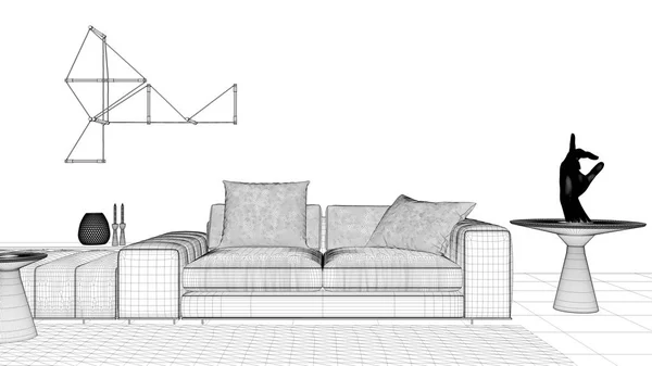 Ritning projekt utkast, vardagsrum med betong gips vägg och golv, lounge med stor soffa, sidobord, matta, vägglampor, expo inredning koncept idé — Stockfoto