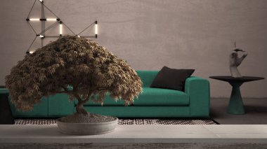 Saksı çiçekli ahşap masa rafı, bej yapraklar, çiçekler, beton duvarlı oturma odası, büyük yeşil kanepe, zen temiz mimari konsepti.