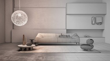 Mimari iç mimar konsepti: bitirilmemiş bir proje, şömineli, gerçek, zarif bir oturma odası haline geliyor. Yastıklı kanepe, halı, koltuk, sehpa. Modern iç tasarım