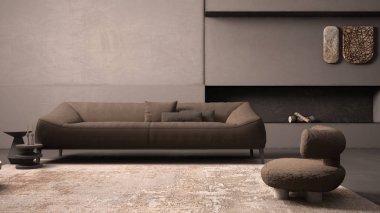 Alçıdan duvarları, zemini ve şöminesi olan zarif grunge oturma odası. Kahverengi yastıklı kanepe, halı, pofuduk koltuk, sehpa, vazo, dekorasyon. Modern iç tasarım fikri