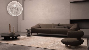 Alçıdan duvarları, zemini ve şöminesi olan zarif grunge oturma odası. Kahverengi yastıklı kanepe, halı, pofuduk koltuk, sehpa, vazo, dekorasyon. Modern iç tasarım fikri