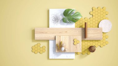 Fotokopi alanı, mermer levha, tahta kesme tahtası, mozaik fayanslar, canavar yaprağı, yumurtalar, iğneler ve dekorlar. Mutfak iç tasarım konsepti, ruh hali kurulu.