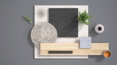 Fotokopi alanı, mermer kireç taşı ve granit levhalar, tahta, kesme tahtası, biberiye, biber ve süslemeli minimum gri arka plan. Mutfak iç tasarım konsepti, ruh hali kurulu.