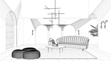 Taslak proje taslağı, kemerli, kemerli pencere ve kapılı klasik oturma odası. Puflu kanepe, halı, kolye lambası, sehpa, vazo. Modern iç tasarım fikri