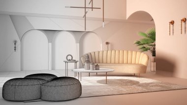 Mimar iç mimar konsepti: Tamamlanmamış proje gerçek, kemerli ve kemerli kapılı klasik oturma odası haline geliyor. Pouf 'lu koltuk, halı. Modern tasarım fikri