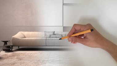 Mimari iç mimar konsepti: alan gerçek olurken el çizimi iç tasarım projesi, kanepe ve yastıklı grunge oturma odası, halı, kahve masası