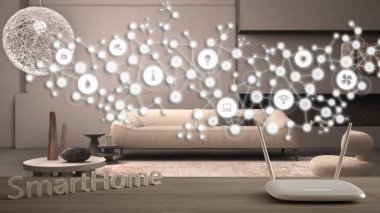 Wi-Fi kablosuz yönlendirici ahşap masa, akıllı ev, geometrik arkaplan bağlı çizgiler ve noktalar şeylerin internetini gösteriyor, ev otomasyonu konsepti grunge lounge üzerinde