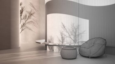 Mimari iç mimar konsepti: tamamlanmamış bir proje gerçek, soyut boş bir iç mekan, kıvrımlı yapılara sahip arka plan, bank. Puf puf fasulye koltuğu, oturma odası.