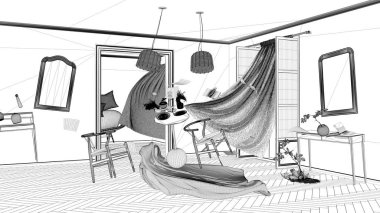 Proje taslağı, oturma odası, sandalyeli ve masalı ev kaosu konsepti, pencereler ve perdeler, mobilyalar ve havada uçuşan diğer aksesuarlar, patlama, rüzgar fırtınası