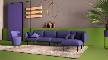 Yeşil ve mor renkli çağdaş oturma odası, kanepe, koltuk, halı, beton duvarlar, saksı bitkisi ve dekorlar, bakır kolye lambaları. İç tasarım atmosferi, mimari fikir