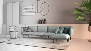 Mimari iç mimar konsepti: gerçek, çağdaş oturma odası, kanepe, koltuk, halı, kolye lambaları haline gelen tamamlanmamış proje. Tasarım atmosferi, mimari fikir