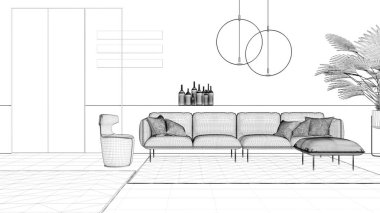 Proje taslağı, çağdaş oturma odası, kanepe, koltuk, halı, beton duvarlar, saksı bitkisi ve dekorlar, kolye lambaları. İç tasarım atmosferi, mimari fikir