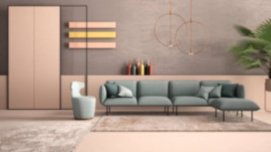 Arka plan bulanık tasarım, çağdaş oturma odası, kanepe, koltuk, halı, beton duvarlar, saksı bitkisi ve dekorlar, kolye lambaları. Atmosfer, mimari fikir