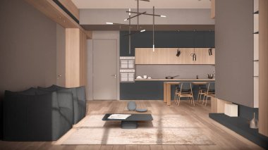 Minimalist oturma odası ve mutfak gri tonlarda, ahşap ve somut detaylarla, sandalyeli yemek masası, parke zemin, koltuklar, halı ve masalar, iç mimari konsepti