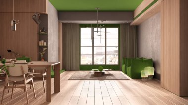 Minimalist mutfak, yeşil tonlarda yemek odası, ahşap ve somut detaylar, iki kişilik yemek masası, sandalyeler, parke, koltuk, kolye lambaları, iç dizayn konsepti.
