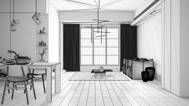 Tamamlanmamış proje taslağı, yemek odası olan minimalist mutfak, iki kişilik sandalyeli yemek masası, parke zemin, koltuk, kolye lambaları, iç dizayn konsepti.