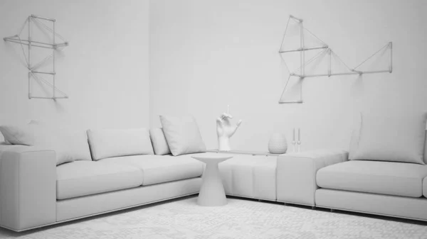 Całkowity projekt biały, pokój dzienny z betonową ścianą i podłogą tynkową, salon z dużą sofą, stoliki boczne, dywan, lampy ścienne, koncepcja aranżacji wnętrz targowych — Zdjęcie stockowe