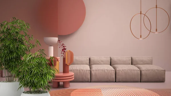 Zen interieur met potten bamboe plant, natuurlijke interieur concept, gekleurde hedendaagse woonkamer, pastel kleuren, bank, fauteuil, tapijt, salontafels, interieur idee — Stockfoto