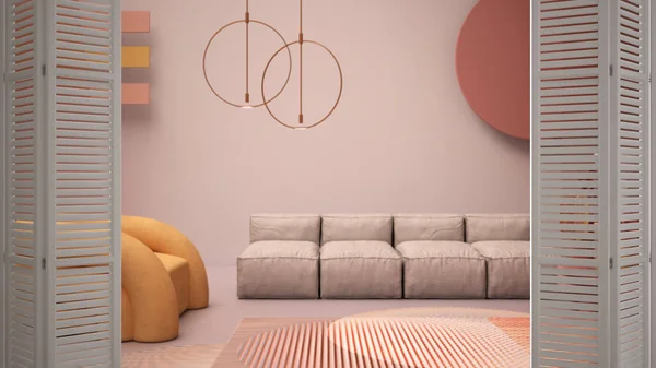 Weiße Klapptüröffnung auf farbigen zeitgenössischen Wohnzimmer, Pastellfarben, Sofa, Sessel, Teppich, Couchtische, Innenarchitektur, Architekten-Designer-Konzept, Hintergrund verschwimmen — Stockfoto