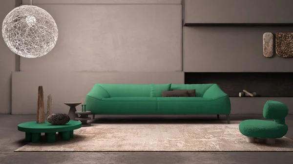 Elegáns grunge nappali vakolat falakkal és padlóval, kandalló. Türkiz kanapé párnákkal, szőnyeggel, bolyhos fotellel, asztallal, vázával, dekorációval. Modern belsőépítészeti ötlet — Stock Fotó