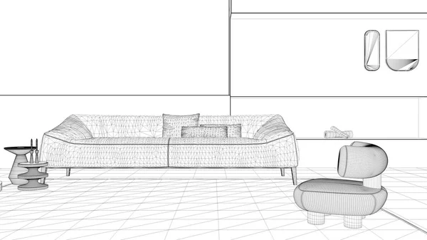 Blueprint Projektentwurf, elegantes Wohnzimmer mit Kamin. Großes Sofa mit Kissen, Teppich, Sessel, Beistelltische, Vasen, Dekore. Moderne Innenarchitektur — Stockfoto