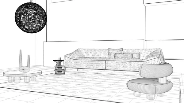 Σχέδιο έργου σχέδιο, κομψό σαλόνι με τζάκι. Μεγάλο καναπέ με μαξιλάρια, χαλί, πολυθρόνα, πλευρικά τραπέζια, βάζα, διακοσμητικά. Σύγχρονη εσωτερική διακόσμηση — Φωτογραφία Αρχείου