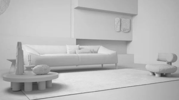 전체 백인 프로젝트 초안에 벽난로가 달린우아 한 거실 이 있습니다. 베개, 카펫, 안락 의자, 사이드 테이블, 꽃병, 장식, 펜던트 램프가 있는 대형 소파. 현대식 인테리어 설계 — 스톡 사진