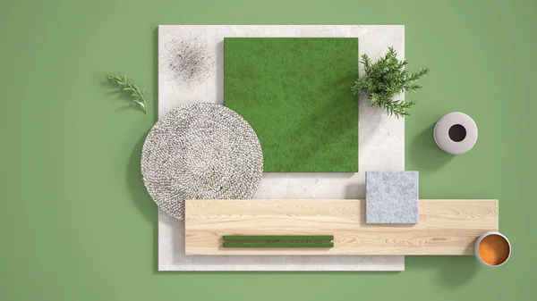 Minimo sfondo verde con spazio copia, lastre di marmo calcare e granito, tavola di legno, tagliere, rosmarino e pepe e decori. Cucina concetto di interior design, mood board — Foto Stock