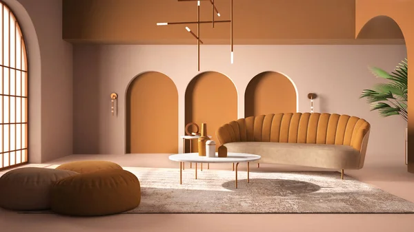 Elegante soggiorno classico con archi e finestra ad arco e porta. Divano arancione con pouf, moquette, lampada a sospensione, tavolini, vasi, decorazioni. Moderna idea di interior design — Foto Stock