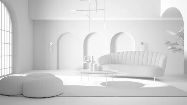 Proyecto blanco total de elegante sala de estar clásica con arcos y ventanas y puertas arqueadas. Sofá con pufs, alfombra, lámpara colgante, mesas de café, jarrones. Idea moderna de diseño de interiores — Foto de Stock