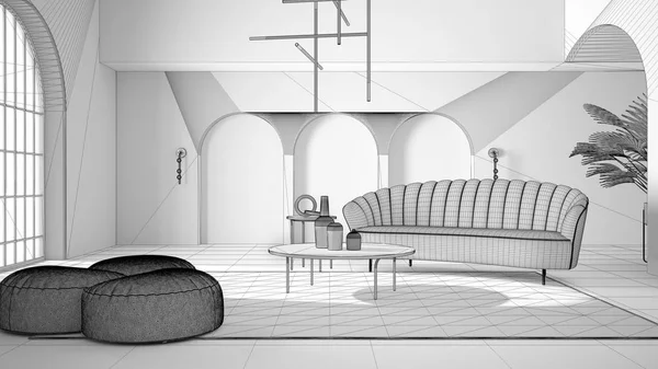 Unfinished project draft, elegant classic living room with archways and arched window and door. Sofa with pouf, carpet, pendant lamp, coffee tables, vases. Modern interior design idea