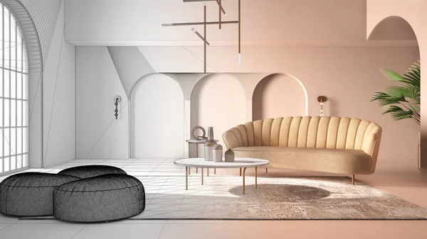 Architect interior designer concept: unfinished project that becomes real, elegant classic living room with archways and arched door. Sofa with pouf, carpet. Modern design idea