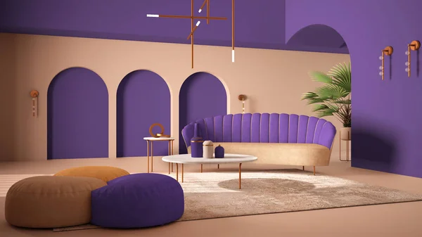 Классическая гостиная Elegant с арками и арочными окнами и дверями. Фиолетовый диван с пуфиками, ковер, подвесная лампа, журнальные столики, вазы, декоры. Идея современного дизайна интерьера — стоковое фото