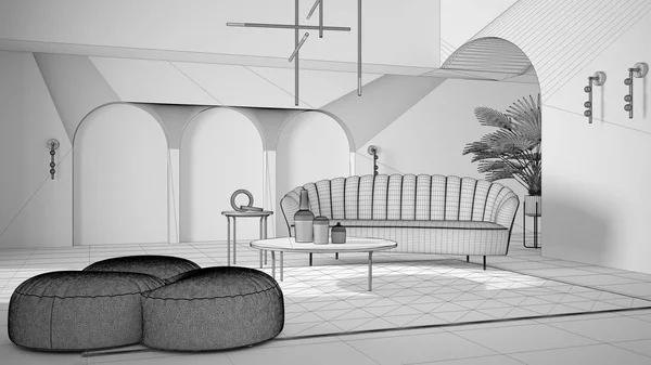 Unfertiger Projektentwurf, elegantes klassisches Wohnzimmer mit Torbögen und gewölbten Fenstern und Türen. Sofa mit Hocker, Teppich, Pendelleuchte, Couchtischen, Vasen. Moderne Einrichtungsidee — Stockfoto