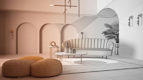 Arkitekt inredningskoncept: oavslutat projekt som blir verkligt, elegant klassiskt vardagsrum med valv och välvd dörr. Soffa med puff, matta. Modern design idé — Stockfoto