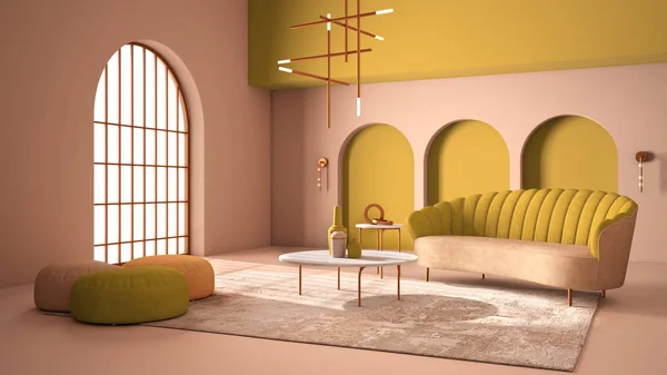 Elegant classic living room with archways and arched window and door. Yellow sofa with poufs, carpet, pendant lamp, coffee tables, vases, decors. Modern interior design idea