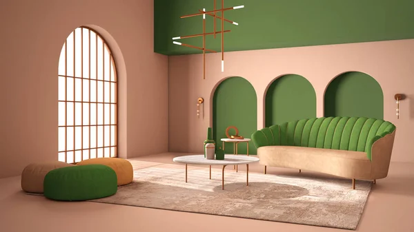 Elegant klassiskt vardagsrum med valv och välvda fönster och dörr. Grön soffa med påsar, matta, hängande lampa, soffbord, vaser, inredning. Modern inredningsidé — Stockfoto
