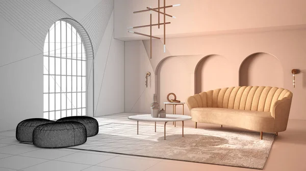 Architect interior designer concept: unfinished project that becomes real, elegant classic living room with archways and arched door. Sofa with pouf, carpet. Modern design idea